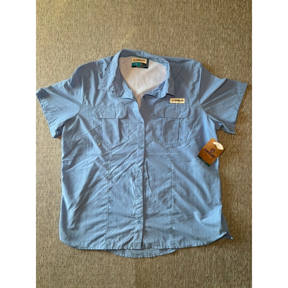 Magellan Outdoors Mens XL Blue Fish Gear Short Sleeve Fishing Shirt NWT